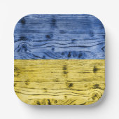 ウクライナ国旗の黄色い青い木のテクスチャパターン ペーパープレート (正面)