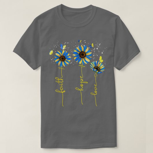 ウクライナ国旗ひまわりヴィンテージ信仰十字架ホープ低 Tシャツ (デザイン正面)