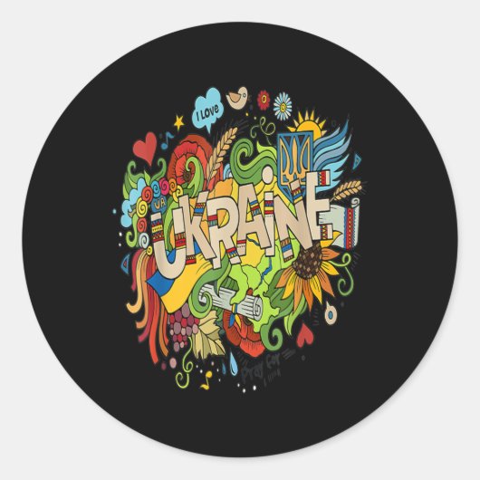 ウクライナ国旗を持つウクライナドードルが祈好き ラウンドシール (正面)