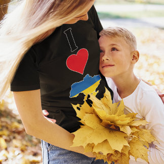 ウクライナ垂直I愛ウクライナ国旗のマップ女性 Tシャツ
