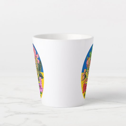 ウクライナ産のトライデントとフラワーのあるウクライナ国旗 カフェラテマグ (正面)