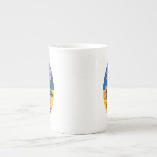 ウクライナ産のトライデントとフラワーのあるウクライナ国旗 ボーンチャイナマグカップ (正面)