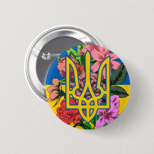 ウクライナ産のトライデントとフラワーのあるウクライナ国旗 缶バッジ (正面&裏面)