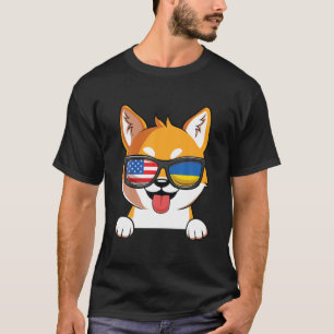 ウクライナ系アメリカ柴犬ドッグウクライナ米国国旗 Tシャツ