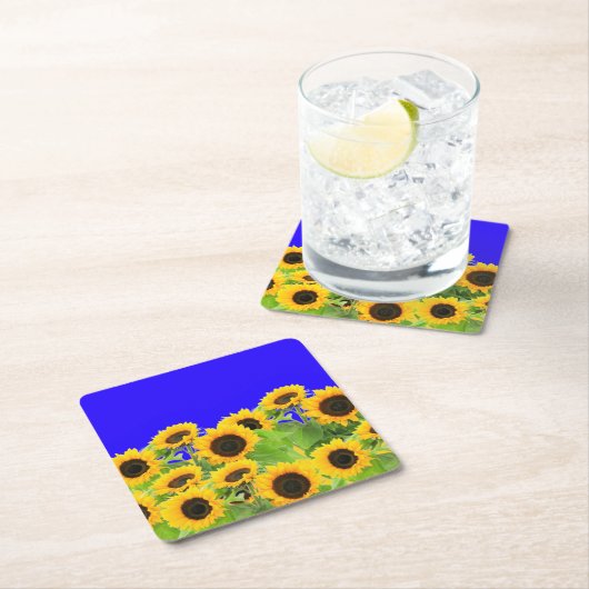 ウクライナ自由平和 – ウクライナ国旗のひまわり スクエアペーパーコースター (インサイチュ)