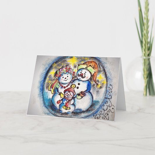 ウクライナ雪だるまファミリーポストカード シーズンカード (正面)