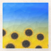 ウクライナ黄色の青いジオメトリメッシュパターンフラワー ガラスコースター (正面)