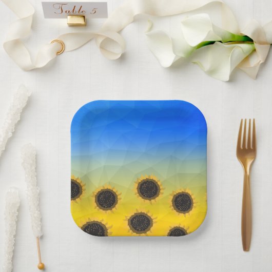 ウクライナ黄色の青いジオメトリメッシュパターンフラワー ペーパープレート (ウェディング)