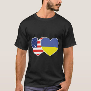 ウクライナ アメリカ 国旗 ツイン ハート Tシャツ ウクライナ人用