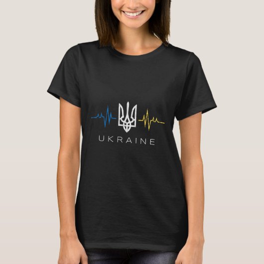 ウクライナ トリズブ旗 ハートビート - ウクライナ 三叉の鉤 Tシャツ (正面)