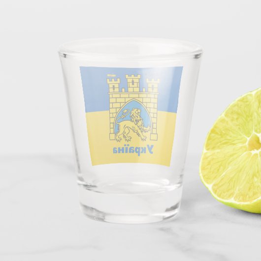 ウクライナ&リヴィブシティ – コートオブアームズ、ウクライナ国旗 ショットグラス (裏面)