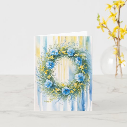 ウクラ鮮やかイナ国旗の色の水彩リース カード (黄色い花)