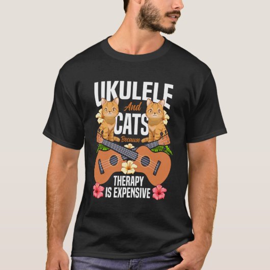 ウクレレと猫 ハワイアン ウクレレと猫が好きだから Tシャツ (正面)