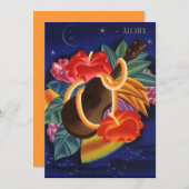 ウクレレのハイビスカスのアロハハワイのルアウ（ハワイ式宴会）の招待状 招待状 (正面/裏面)