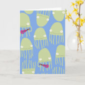 ウクレレの挨拶状を遊んでいる青いくらげ カード (黄色い花)