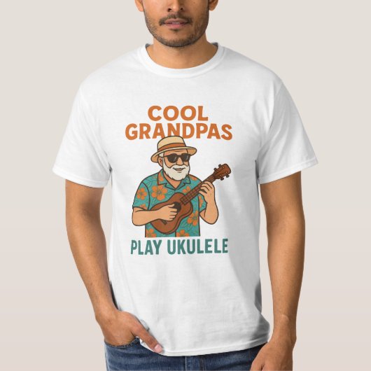 ウクレレを弾くクールなおじいちゃんがかわいい Tシャツ (正面)