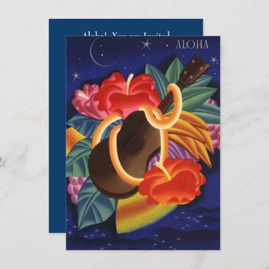ウクレレハイビスカスアロハハワイアンルアウ(ハワイ式宴会)招待状 招待状 (正面/裏面)