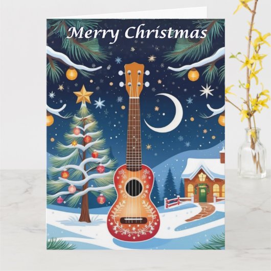 ウクレレミュージカル楽器スノーラージクリスマス カード (黄色い花)
