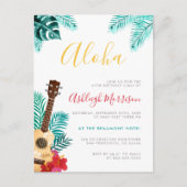 ウクレレ水色 |熱帯誕生日ルアウ（ハワイ式宴会）パーティー インビテーションポストカード (正面)