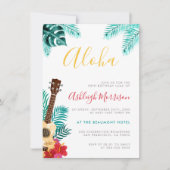 ウクレレ水色 |熱帯誕生日ルアウ（ハワイ式宴会）パーティー 招待状 (正面)