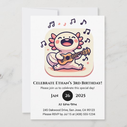 ウクレレ誕生日を歌うウーパールーパー 招待状 (正面)