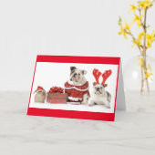 ウサギおよび2匹のブルドッグのクリスマスの挨拶状 カード (黄色い花)