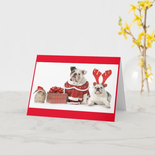 ウサギおよび2匹のブルドッグのクリスマスの挨拶状 カード (黄色い花)