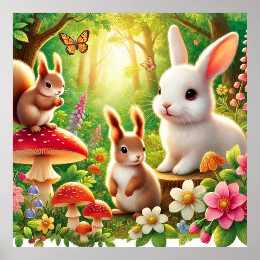 ウサギお洒落と森の景色,リス ポスター (正面)