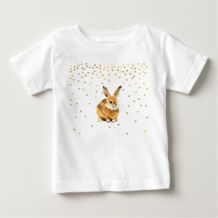 ウサギがシャワーを浴びるゴールデン水玉模様 ベビーTシャツ