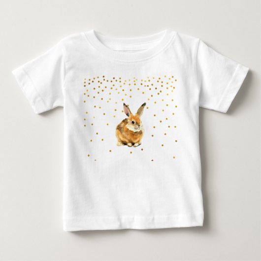 ウサギがシャワーを浴びるゴールデン水玉模様 ベビーTシャツ (正面)