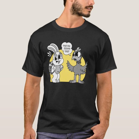 ウサギがニワトリに卵のことを尋ねる Tシャツ (正面)
