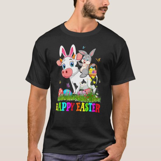 ウサギが牛に乗るイースターエッグ かわいいウサギ イースター Tシャツ (正面)