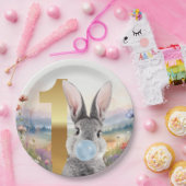 ウサギが青い風船ガムを膨らます1歳の誕生日 ペーパープレート (パーティー)