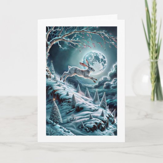 ウサギが飛ぶ冬の風景 折りたたみ式グリーティングカード カード (正面)