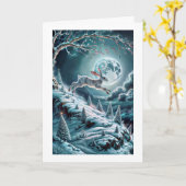 ウサギが飛ぶ冬の風景 折りたたみ式グリーティングカード カード (黄色い花)