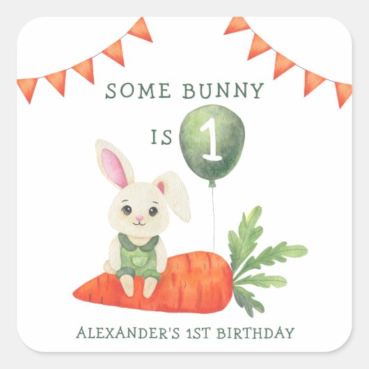 ウサギが1歳の誕生日 スクエアシール (正面)