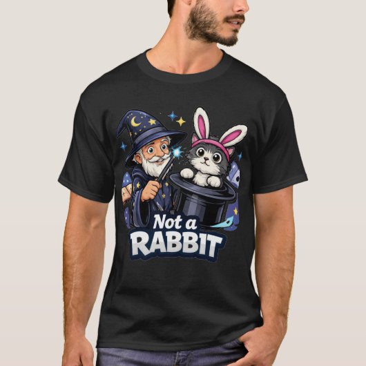 ウサギじゃない - 猫を引っ張る魔法使い 面白い Tシャツ (正面)