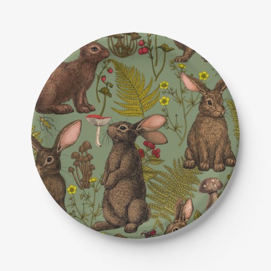 ウサギとウッドランドフローラ紙プレート ペーパープレート (正面)