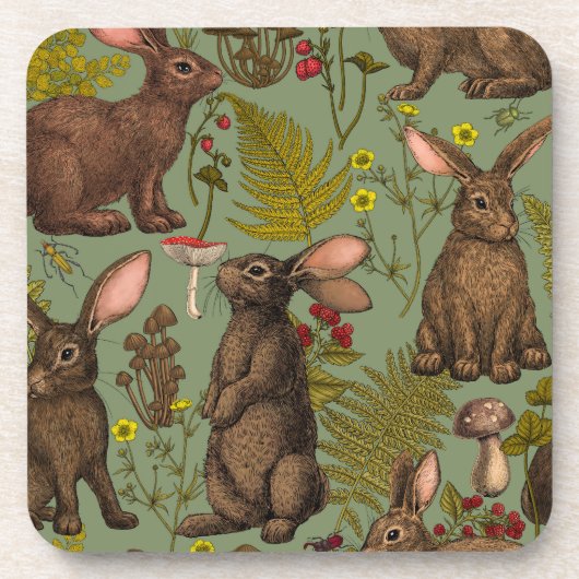 ウサギとウッドランドフローラ飲料用コースター コースター (正面)