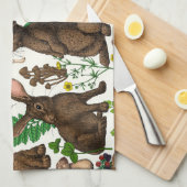 ウサギとウッドランドフローラ4 キッチンタオル (四つ折り)