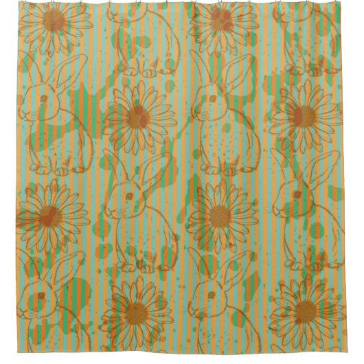 ウサギとカモミール、シームレスなヴィンテージパットをスケッチ シャワーカーテン (正面)