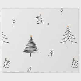 ウサギとクリスマスツリーの落書きデザイン ギフトラッピングペーパー ラッピングペーパー