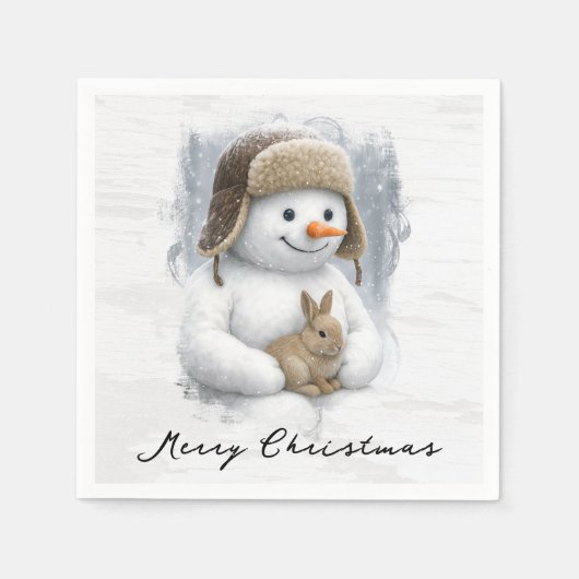 ウサギとクリスマスツリーの雪だるま スタンダードカクテルナプキン (正面)