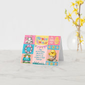 ウサギとヒヨコと卵と花でイースターの喜び カード (黄色い花)