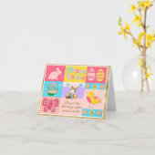 ウサギとヒヨコと卵と花でイースターの喜び カード (黄色い花)