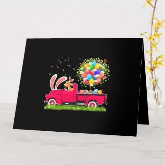 ウサギとヤギが乗ったピックアップトラック イースターエッグ ツリー フル カード (黄色い花)