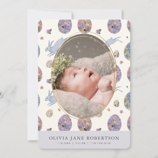 ウサギと卵の女の子の写真 出生発表 招待状 (正面)