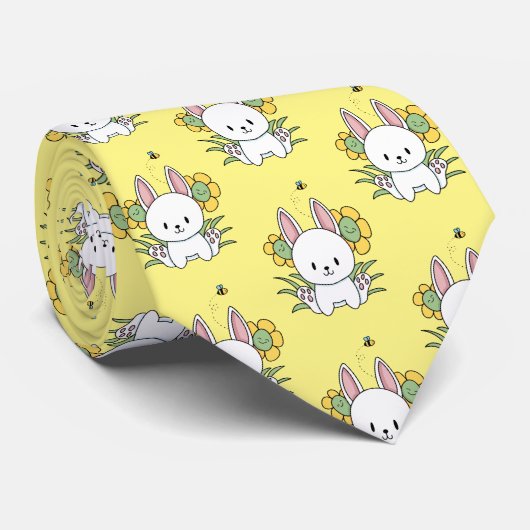 ウサギと花の繰り返しパターン ネクタイ (ロール)