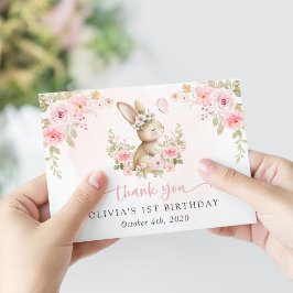 ウサギと蝶とピンクの花 初誕生日 サンキューカード