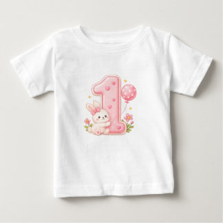 ウサギと風船のファーストバースデー ベビー服 ベビーTシャツ